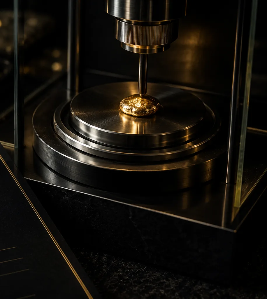 A gold sample under analytical testing equipment.