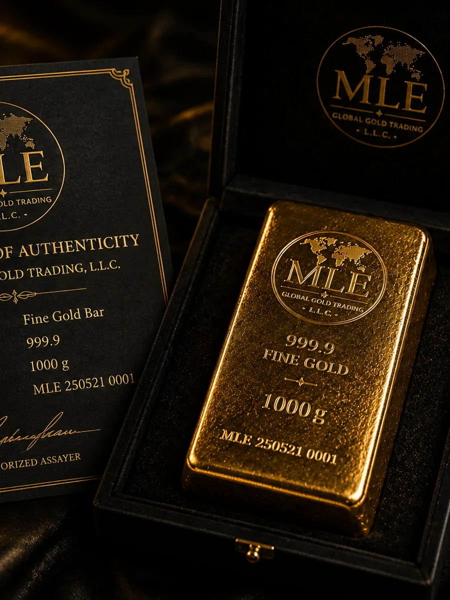 A one-kilogram fine gold bar, boxed.